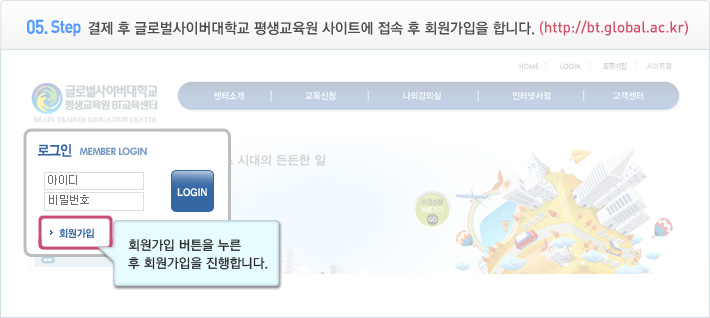 5. 결제 후 글로벌사이버대학교 평생교육원 사이트에 접속 후 회원가입을 합니다. (http://bt.global.ac.kr) 